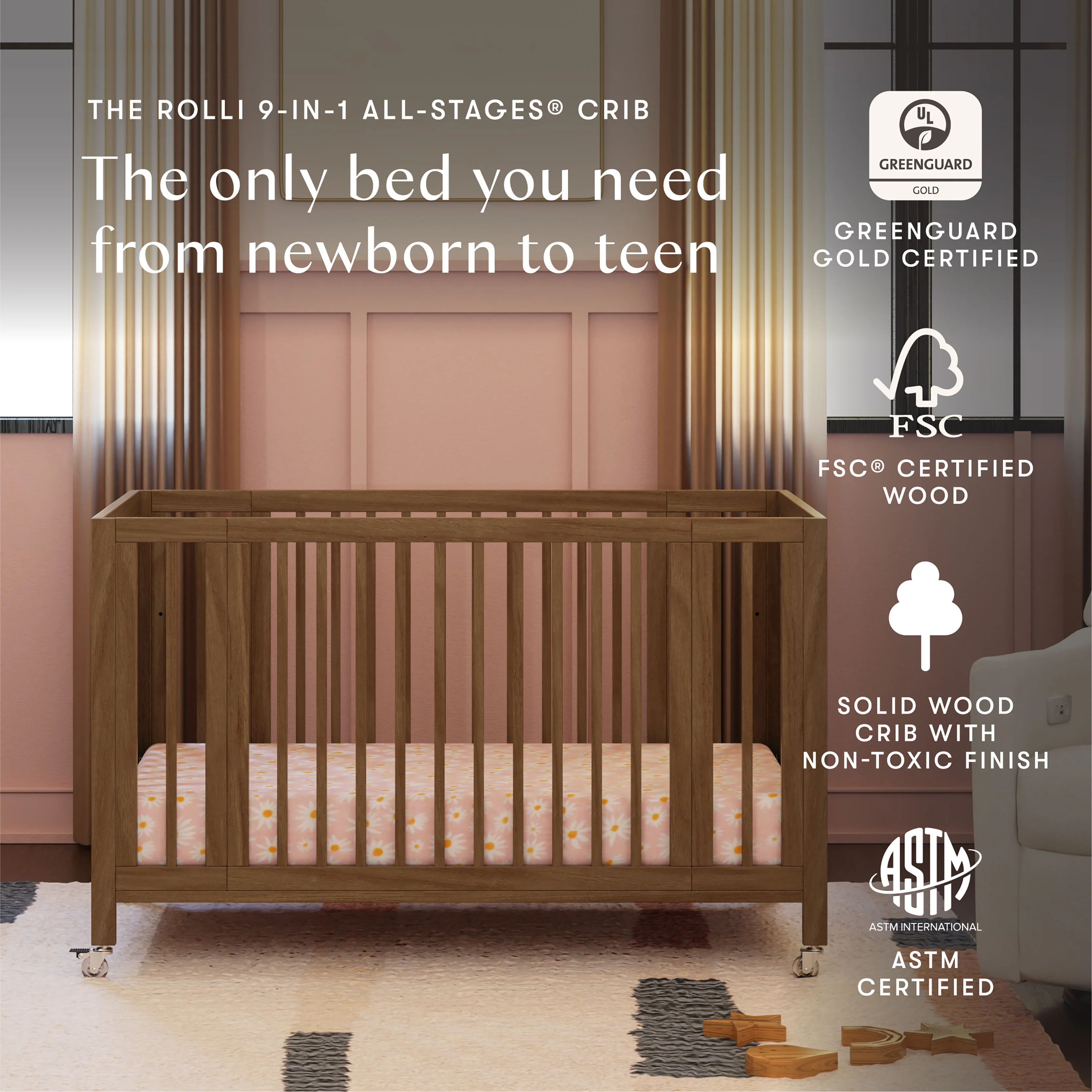 Rolli 9-in-1 Convertible All-Stages® Crib with Bassinet & Toddler Bed Conversion Kits - Image 4